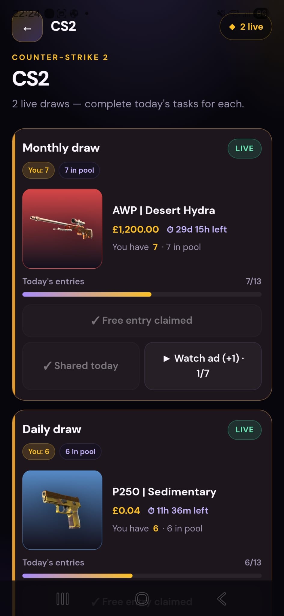 CS2 draw screen with entry progress and pool stats