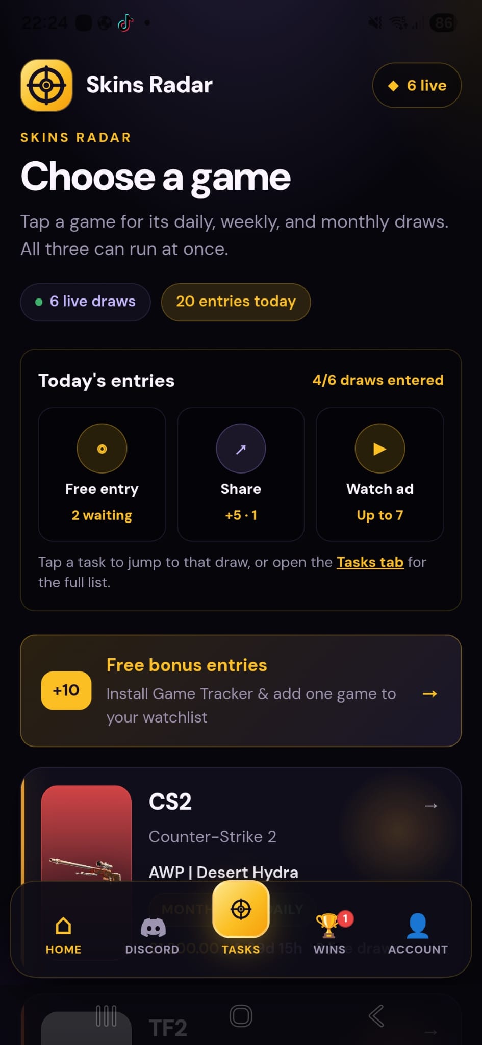Skins Radar home screen showing live game draws